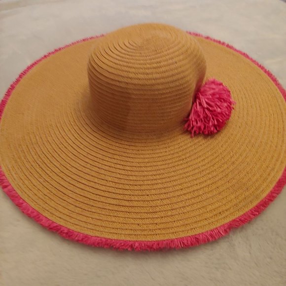 Nine West Accessories - Nine West large floppy straw sun hat with pink straw flower and trim